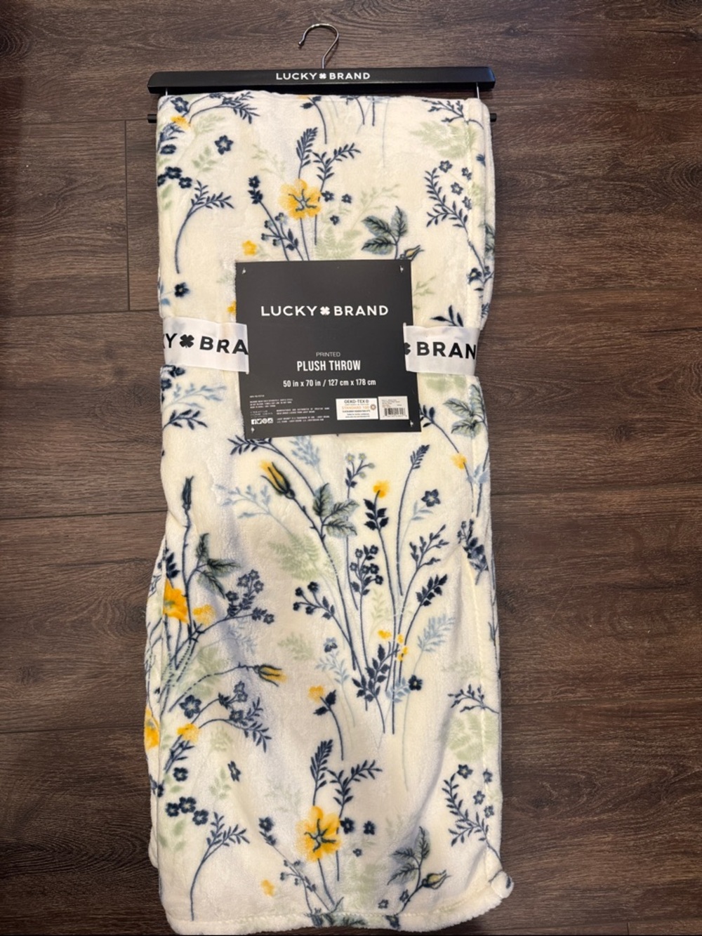 Lucky Brand Cream Plush Throw with Navy & Yellow Floral Print 50in x 70in